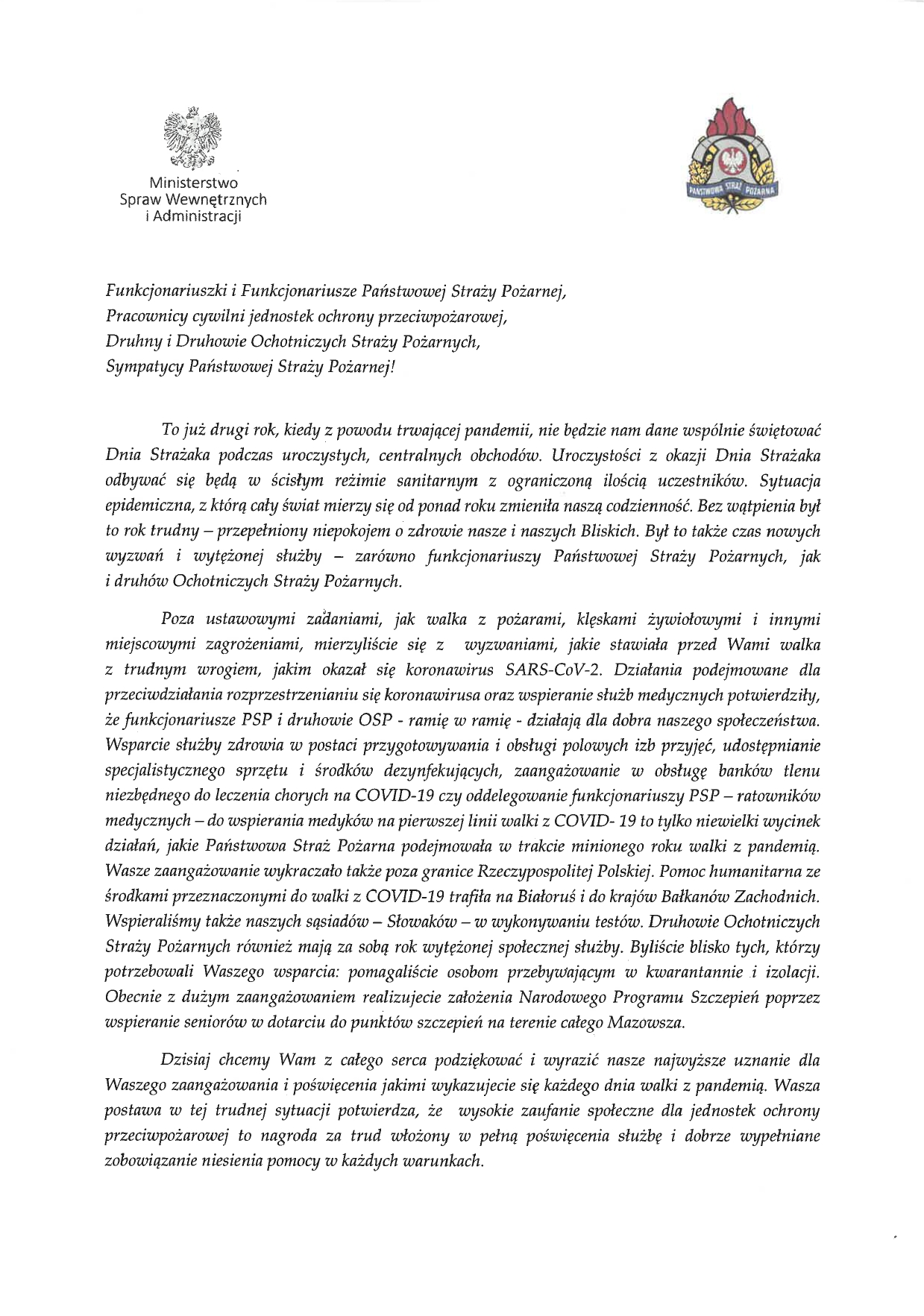 list okolicznosciowy na dzień strażaka