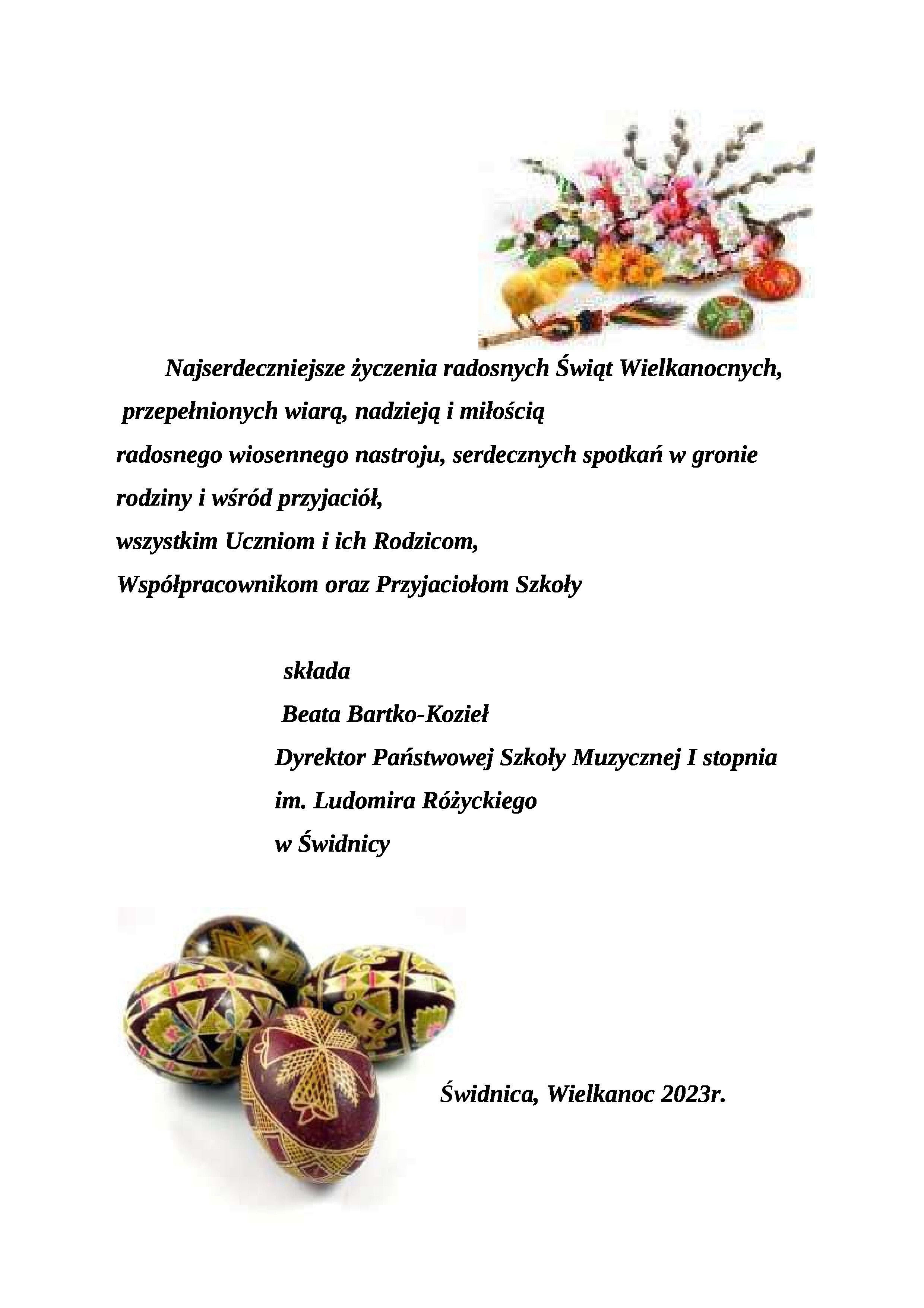 Plakat z życzeniami świątecznymi na tle ozdób wielkanocnych.