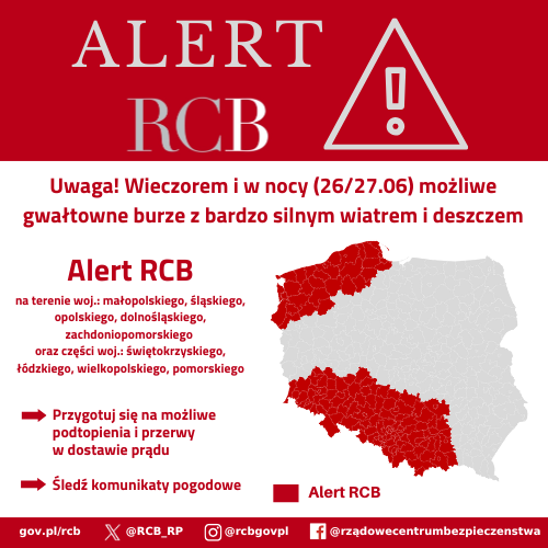 Alert RCB 26 czerwca - gwałtowne burze. Kolorem czerwony zaznaczony jest obszar alarmowania.