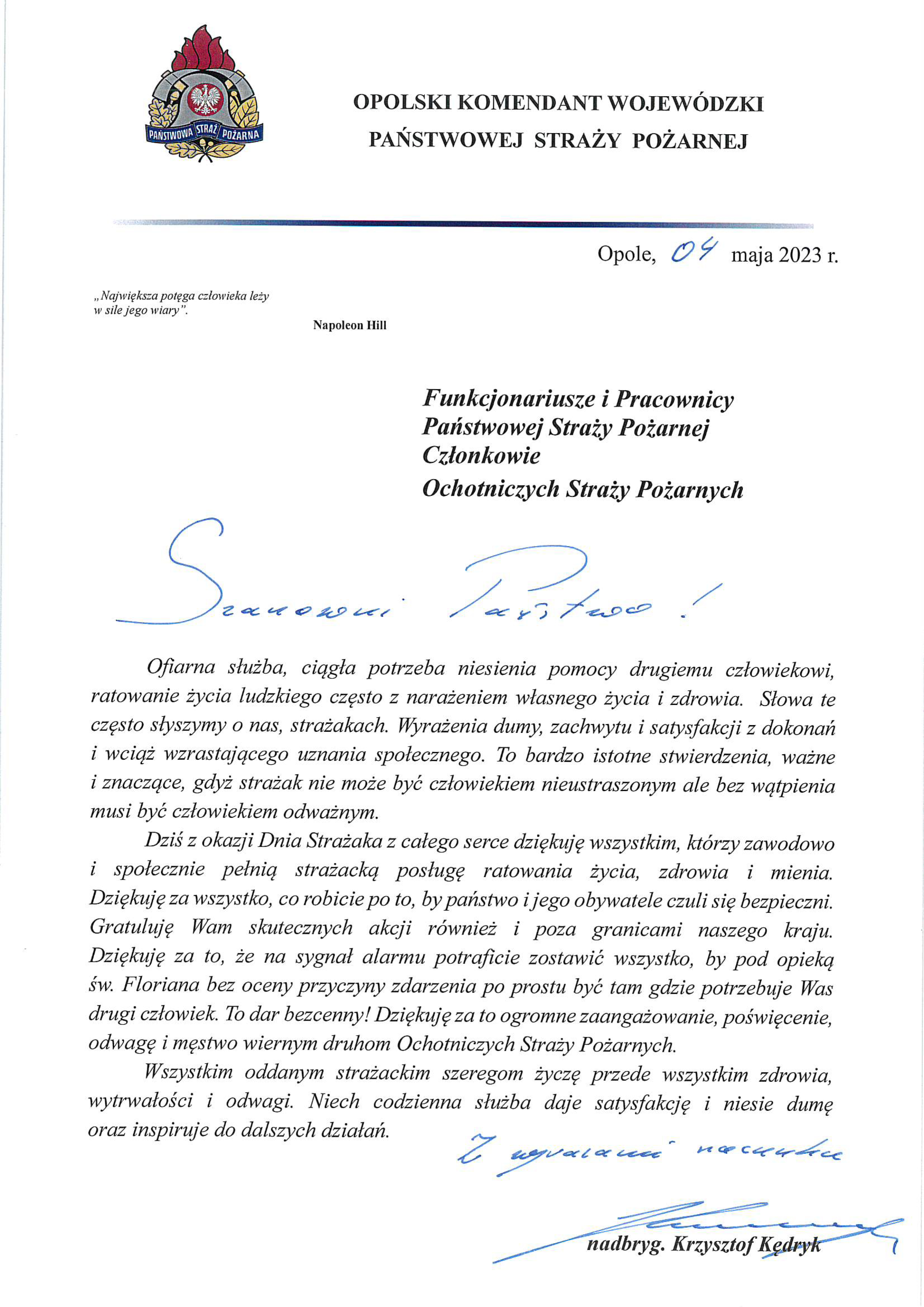 Życzenia Opolskiego Komendanta Wojewódzkiego PSP z okazji Dnia Strażaka