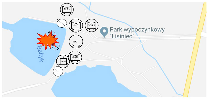 Szkic sytuacyjny przebiegu ćwiczeń pokazujący rozmieszczenie sił i środków