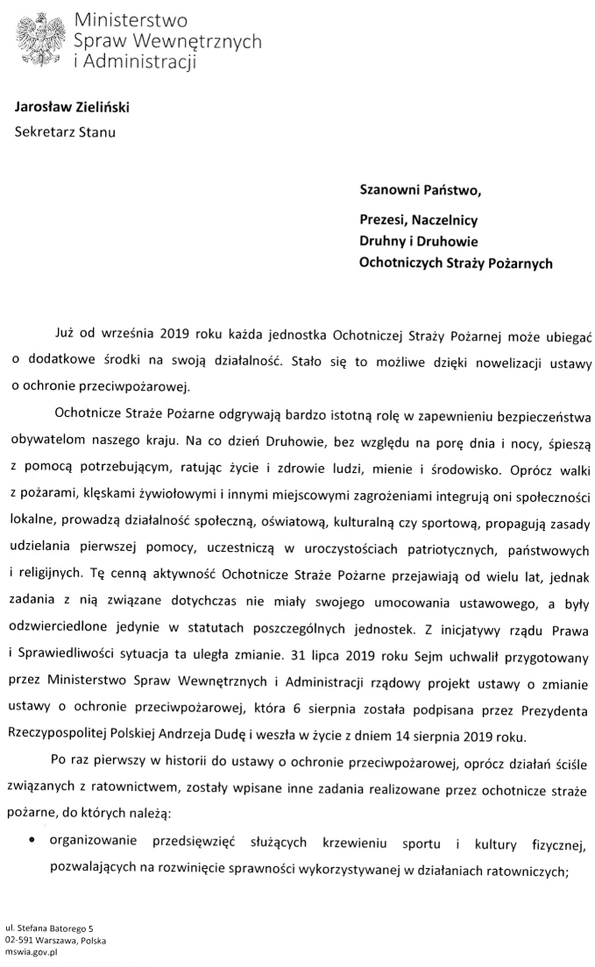 List ministra Jarosława Zielińskiego do OSP