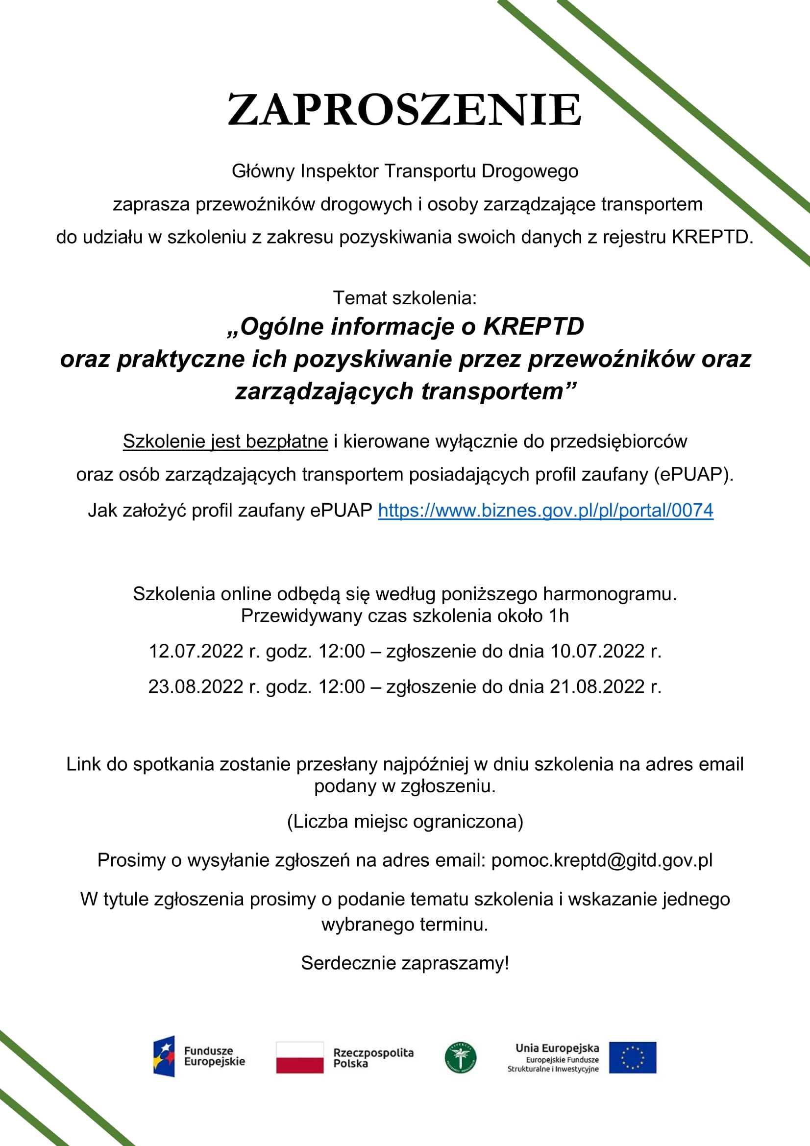 Ulotka KREPTD - zaproszenie na szkolenia w miesiącach lipiec i sierpień