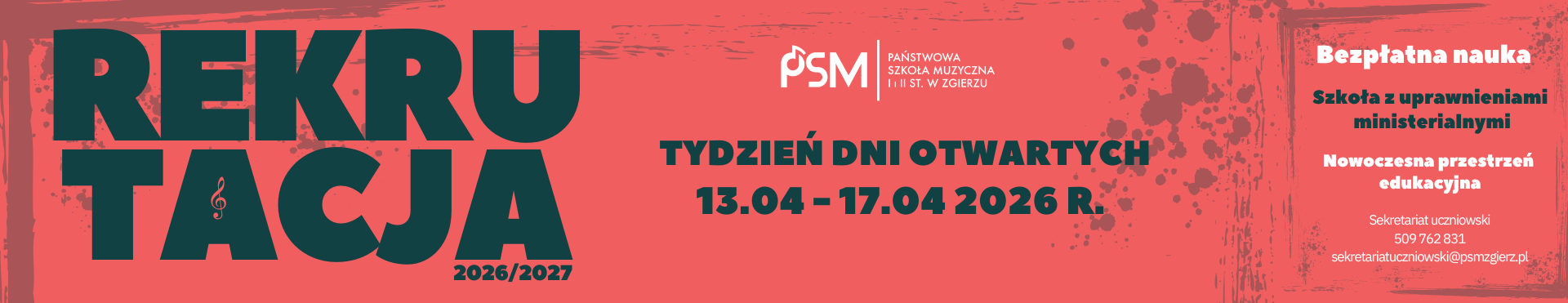 Baner reklamowy. Na czerwonym tle, po lewej stronie, czarny napis: 