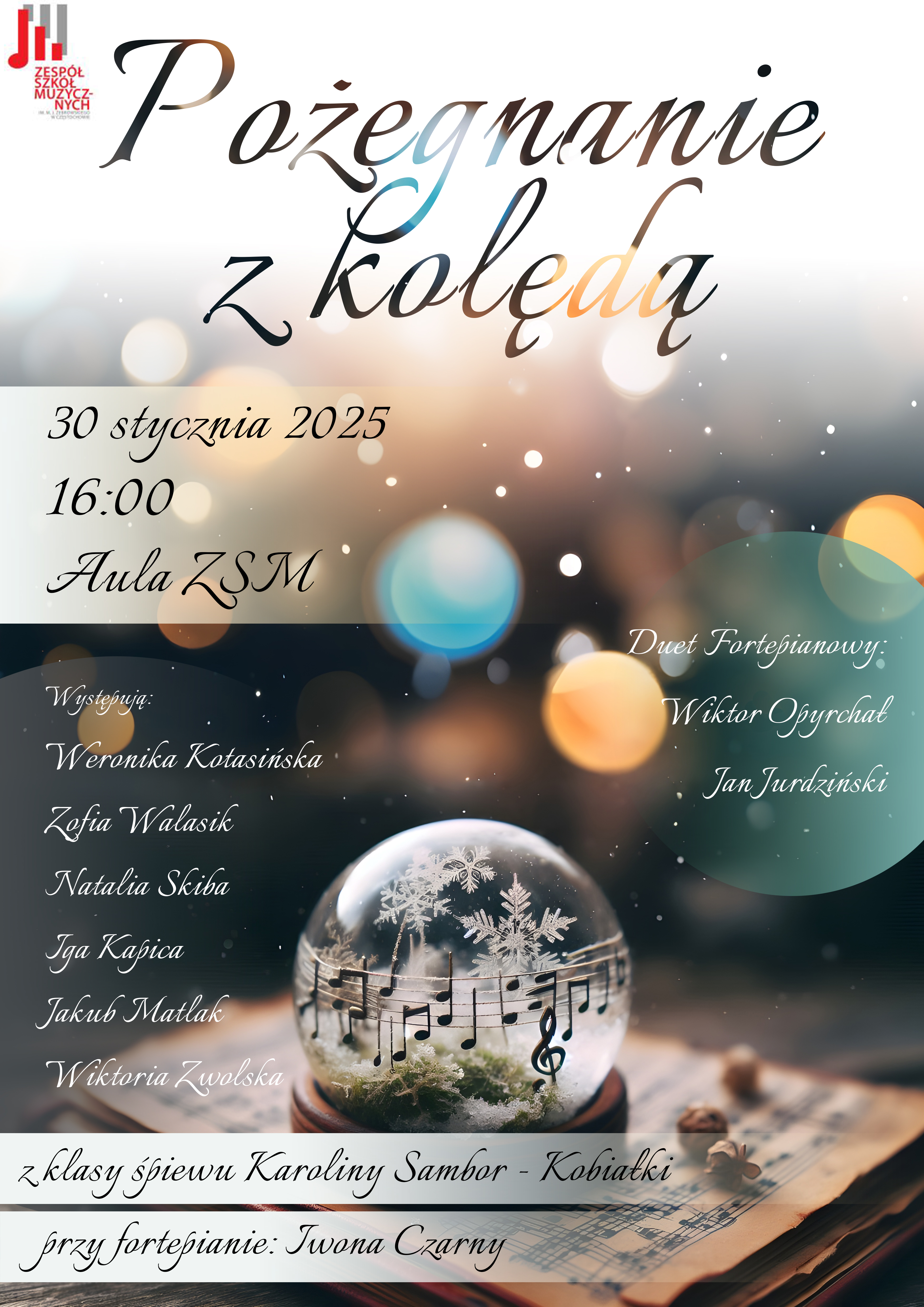 Tło z motywami świątecznymi, po lewej logo szkoły, tekst dotyczący koncertu Pożegnanie z kolędą 30 stycznia 2025 r.