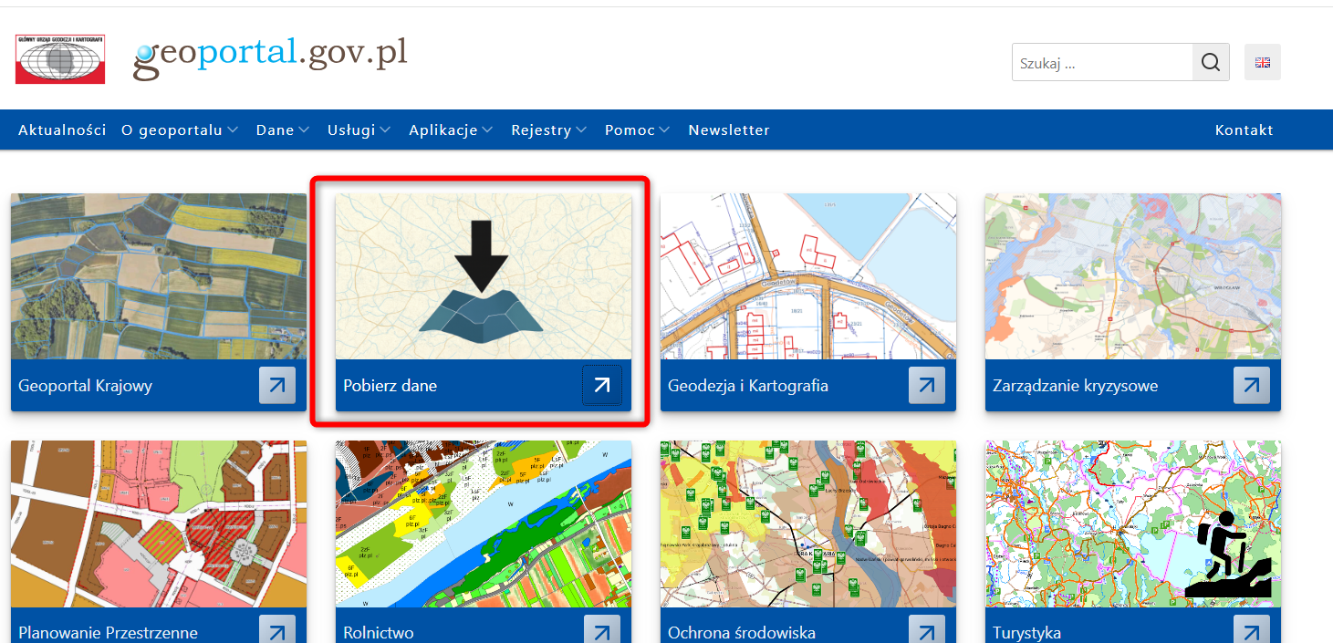 Zrzut z serwisu www.geoportal.gov.pl z oznaczonym modułem "Pobierz dane"