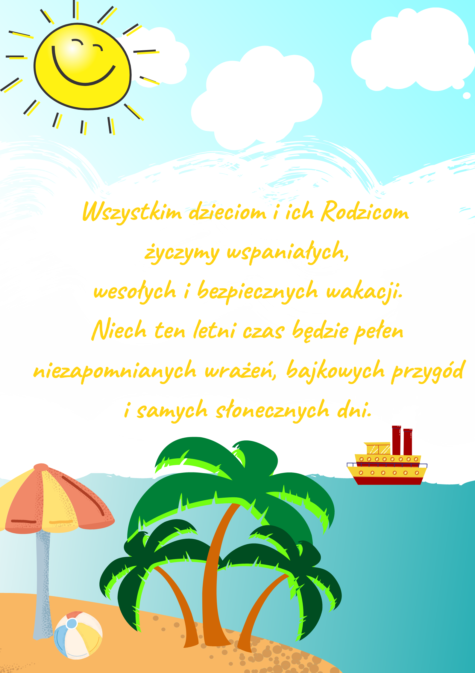 Kolorowy plakat z morzem, słońcem, chmurkami, palmami i życzeniami udanych i spokojnych wakacji