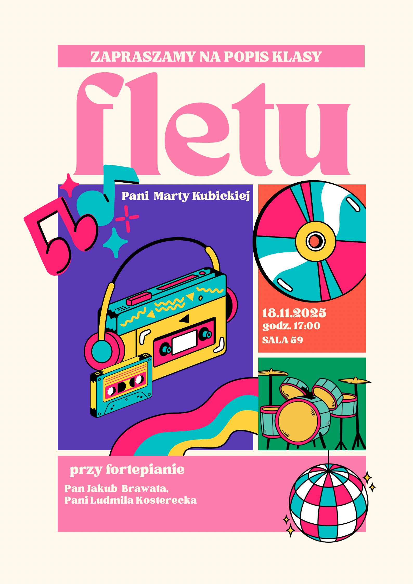 Kolorowe tło z grafiką instrumentów, tekst dotyczący popisu klasy fletu p. Marty Kubickiej 18 listopada 2025 o godz. 17.00 w sali 59 w ZSM