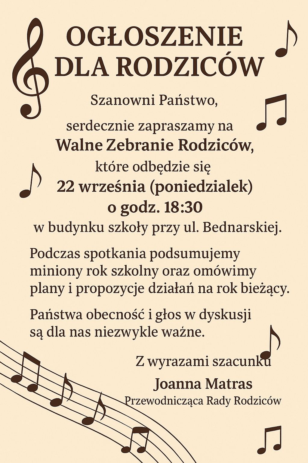 Zebranie Rady Rodziców - 22.09.2025, godz 18.30, Bednarska 11