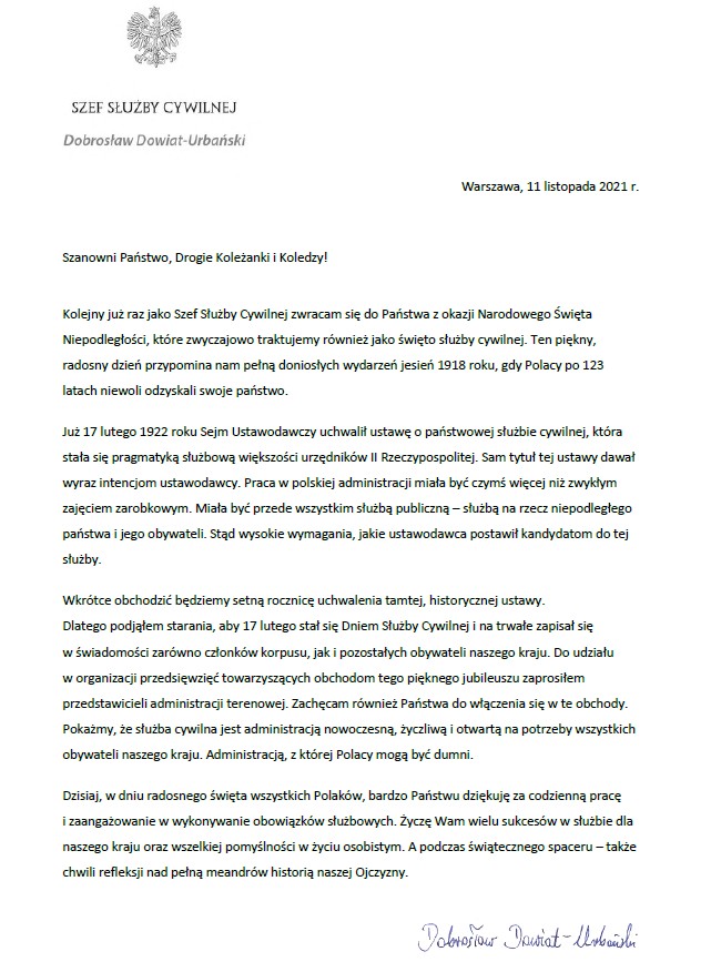List Szefa Służby Cywilnej z okazji Narodowego Święta Niepodległości oraz Dnia Służby Cywilnej