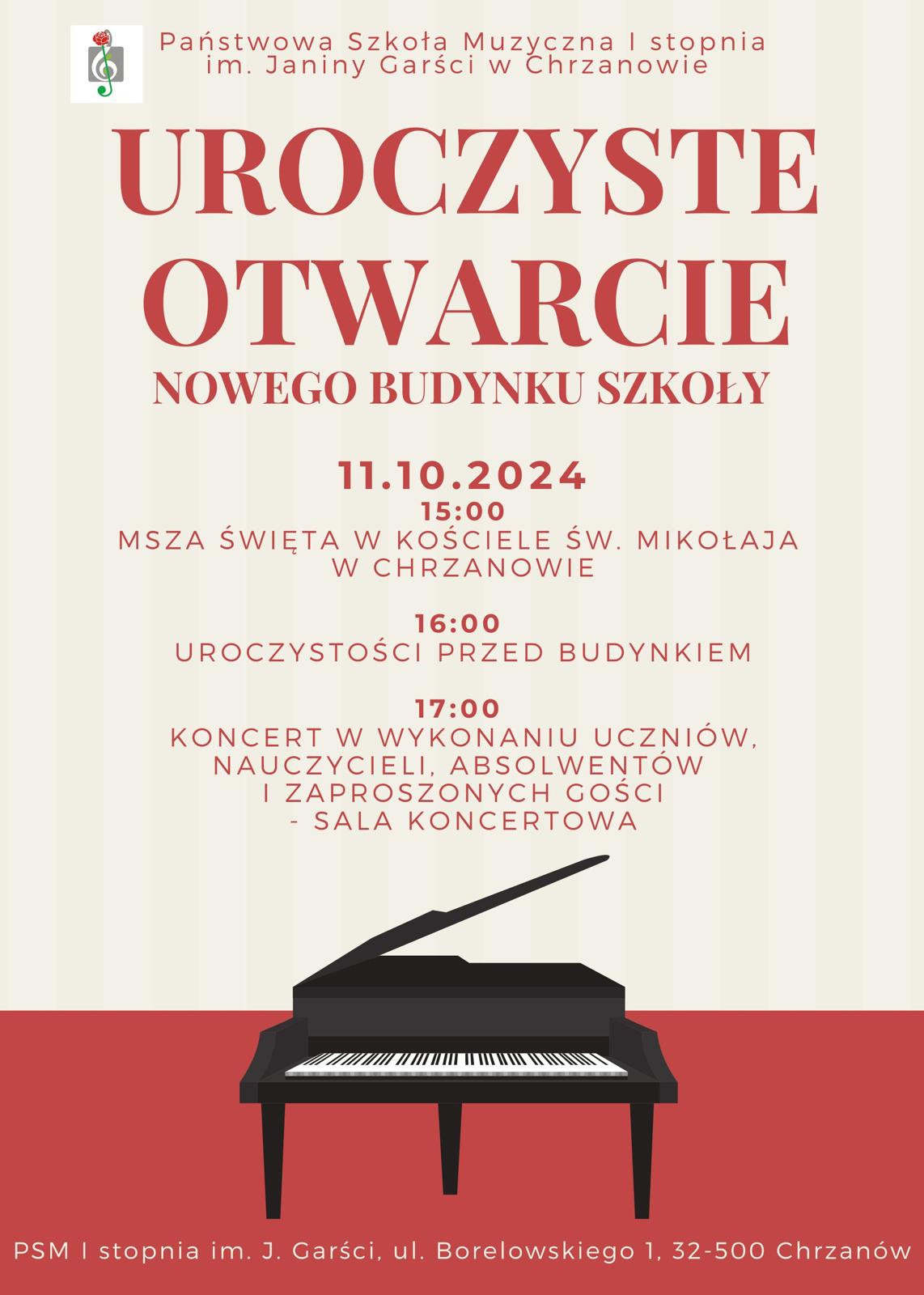 Afisz - uroczyste otwarcie nowego budynku szkoły