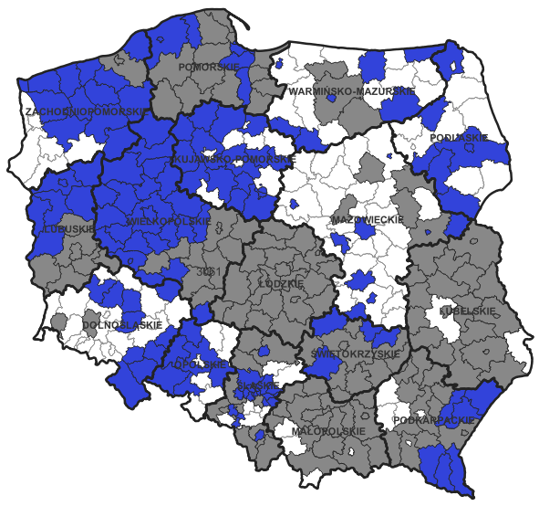 Ilustracja przedstawia obszary powiatów dla których dostępne są nowe dane bazy BDOT10k.