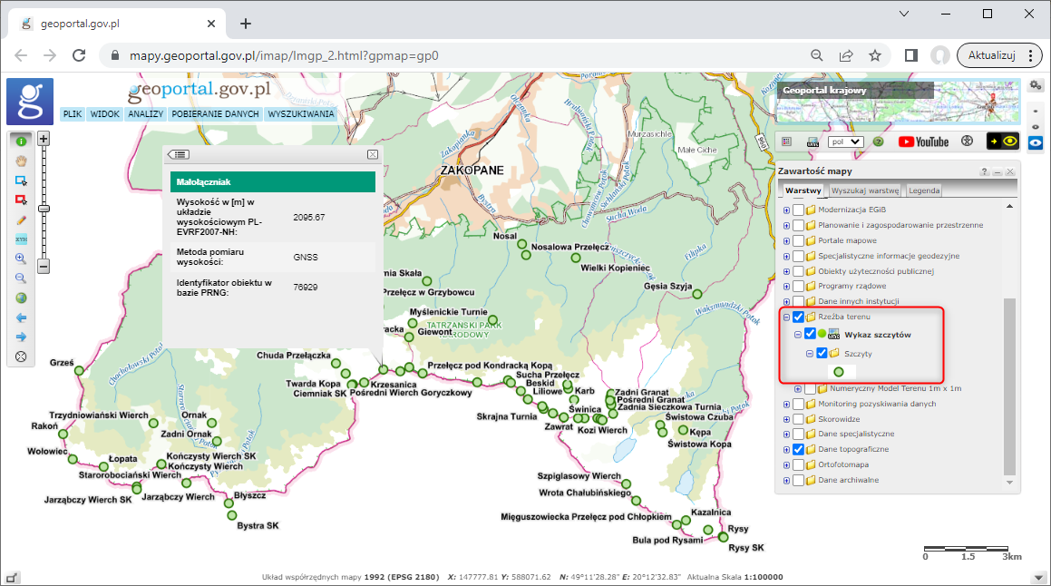 ilustracja przedstawia usługę WMS Wykaz szczytów dostępną w serwisie www.geoportal.gov.pl