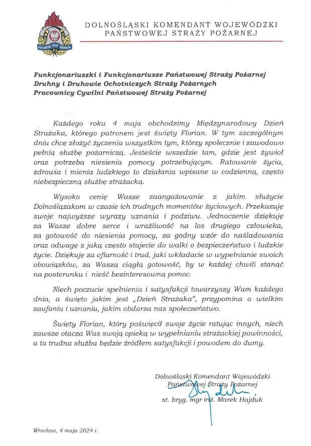 Życzenia Dolnośląskiego Komendanta Wojewódzkiego PSP