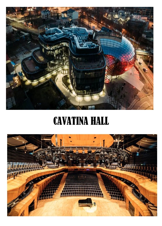 Zdjęcie składa się z dwóch części, przedstawiających zewnętrzny i wewnętrzny widok tej samej nowoczesnej budowli — Cavatina Hall. Górna część zdjęcia: Przedstawia budynek z lotu ptaka, wykonany wieczorem lub w nocy. Budowla ma bardzo nowoczesny, futurystyczny kształt, przypominający nieregularną, organiczną formę. Na pierwszy plan wysuwa się duża, szklana kopuła w kolorze czerwonym, oświetlona od środka. Cały kompleks otoczony jest oświetlonym chodnikiem, a wokół widać ulice, samochody i okoliczne budynki. W tle widoczna jest zabudowa miejska, a atmosfera jest spokojna i wieczorna. Dolna część zdjęcia: Pokazuje wnętrze sali koncertowej w środku budynku. Sala jest przestronna, z drewnianą sceną na środku, na której stoi fortepian koncertowy. Widownia otacza scenę półkoliście na kilku poziomach, tworząc elegancki i nowoczesny układ. Nad sceną wisi duża konstrukcja oświetleniowa z wieloma reflektorami. Dominują ciepłe barwy drewna i ciemne, eleganckie fotele, co tworzy przytulną, a jednocześnie prestiżową atmosferę.