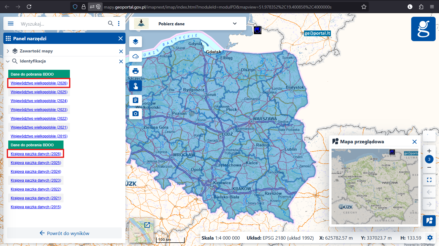 ilustracja przedstawia zrzut z serwisu www.geoportal.gov.pl prezentujący sposób pobierania danych BDOO w nowym modelu GML