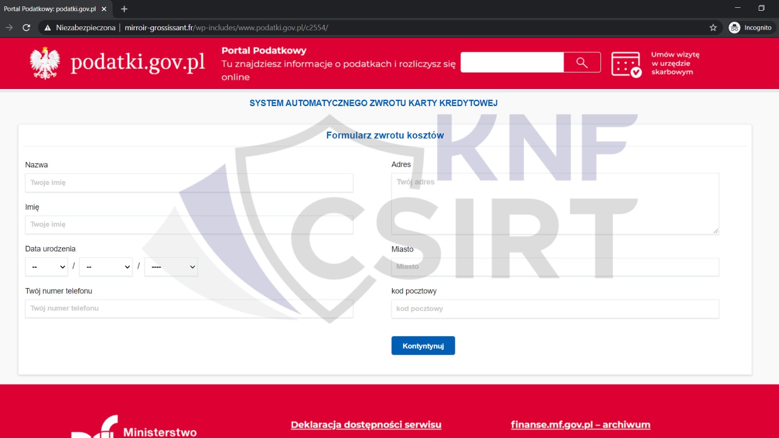 Strona intranetowa przypominająca podatki.gov.pl z formularzem do wypełnienia danymi.