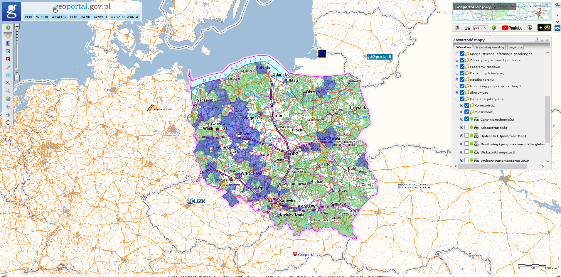 Mapa przedstawiająca powiaty, które zgłosiły adres usługi przeglądania (WMS) dla zbioru RCN, a zgłoszona przez nich usługa przeglądania (WMS) została włączona do KICN, zostały oznaczone na mapie kolorem fioletowym