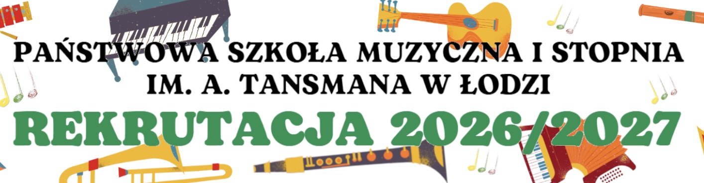 Baner reklamowy. Białe tło z kolorowymi instrumentami, czarne litery napis 