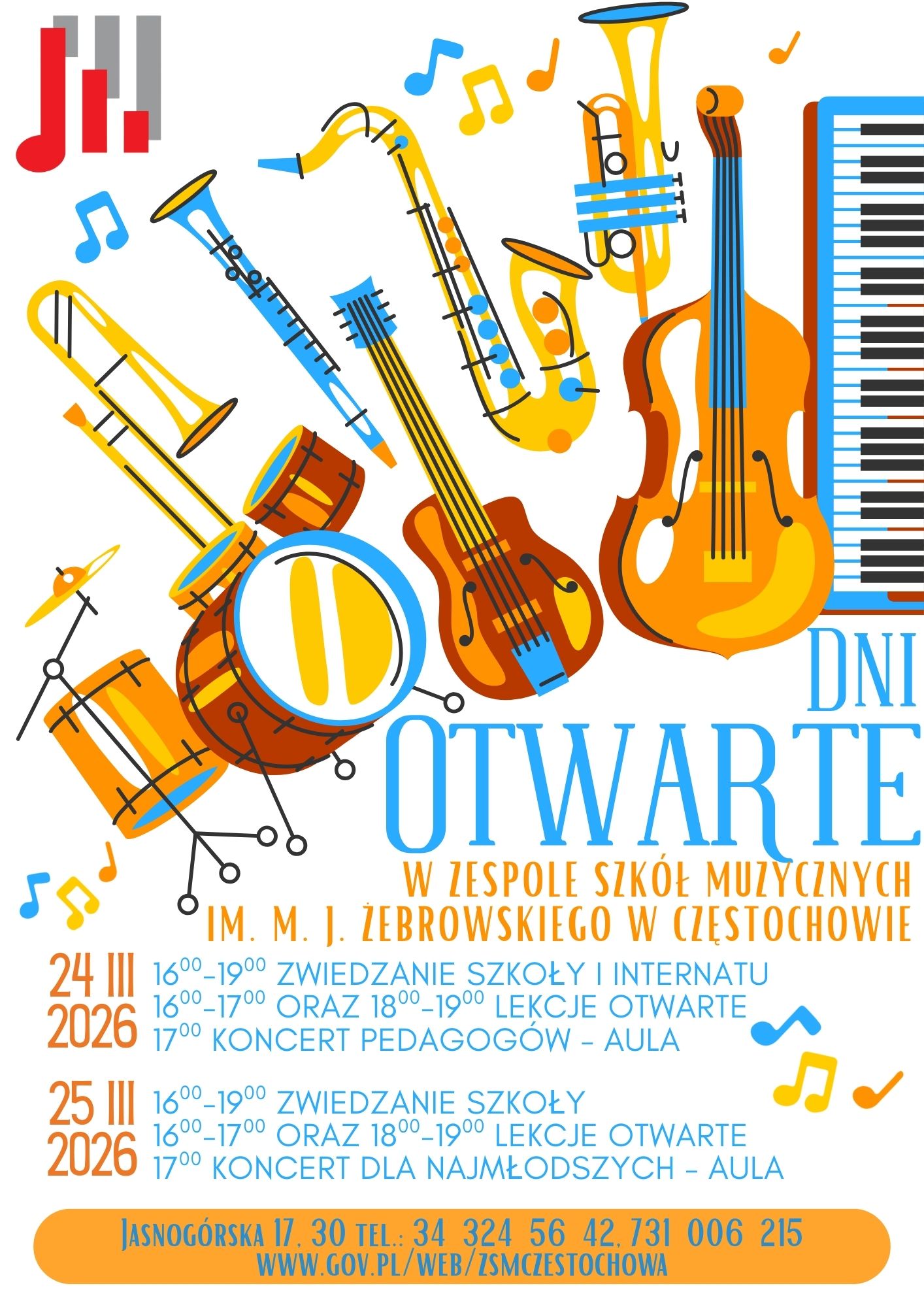 Białe tło, grafika instrumentów, tekst dotyczący harmonogramu Dni Otwartych 24 i 25 marca 2026 r. 