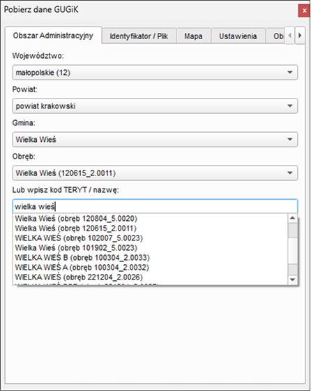 Ilustracja przedstawia zrzut ekranu zakładki "Obszar Administracyjny" okna wtyczki Pobierz dane GUGiK