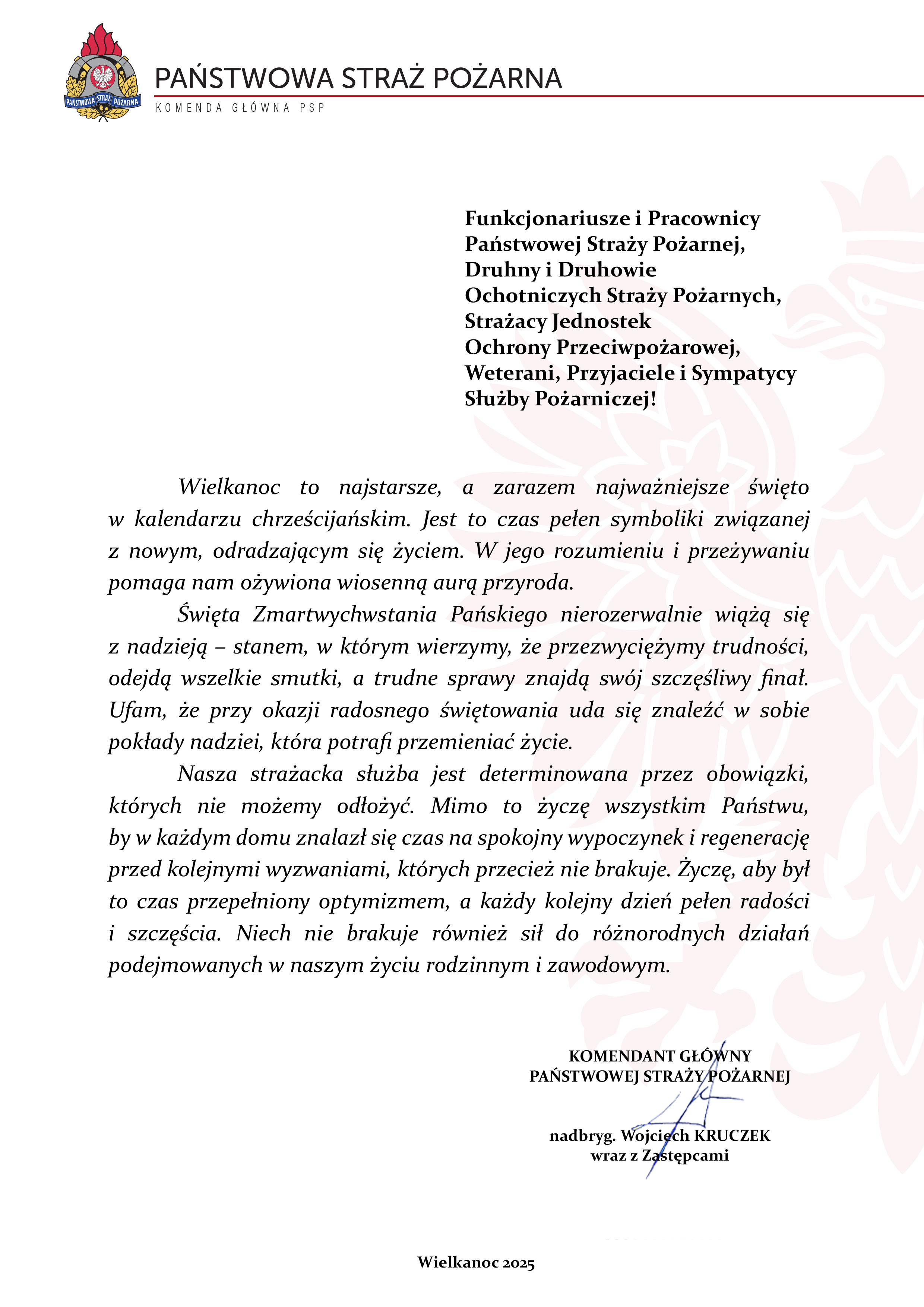 Życzenia Komendanta Głównego PSP z okazji Świąt Wielkiej Nocy