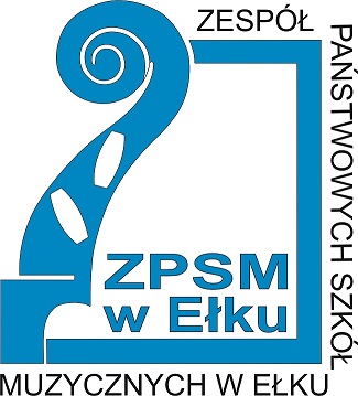 Znak graficzny w kolorze niebieskim przedstawiający ślimak skrzypiec. Znak graficzny wkomponowany jest w kwadrat, na którego widnieje czarny napis prowadzony od górnego boku: Zespół Państwowych Szkół Muzycznych w Ełku. W środkowej części kwadratu od wewnątrz jest skrót nazwy szkoły - ZPSM w Ełku - w kolorze niebieskim.