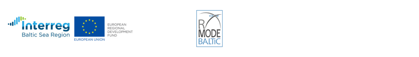 Logo programu Interreg, logo projektu R-Mode Baltic 2 oraz znak projektu flagowego programu Interreg.