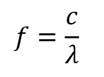Grafika przedstawia wzór na długość fali, gdzie f (częstotliwość) = c (prędkość światła) dzielone przez lambdę (długość fali).