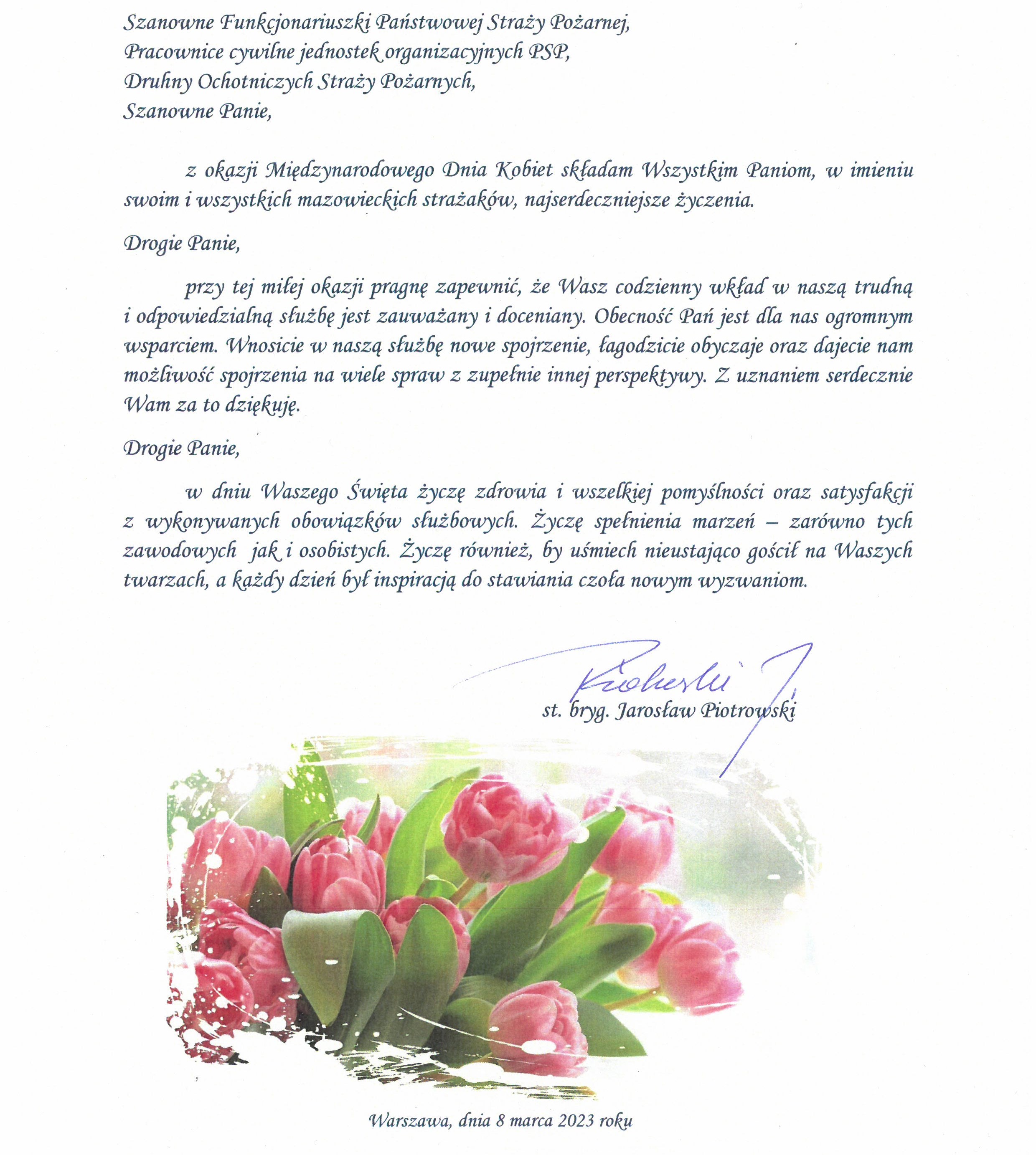 Życzenia Mazowieckiego Komendanta Wojewódzkiego PSP z okazji Dnia Kobiet