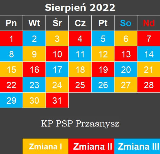 Kalendarz 3-zmianowy - PSP- Sierpień 2022