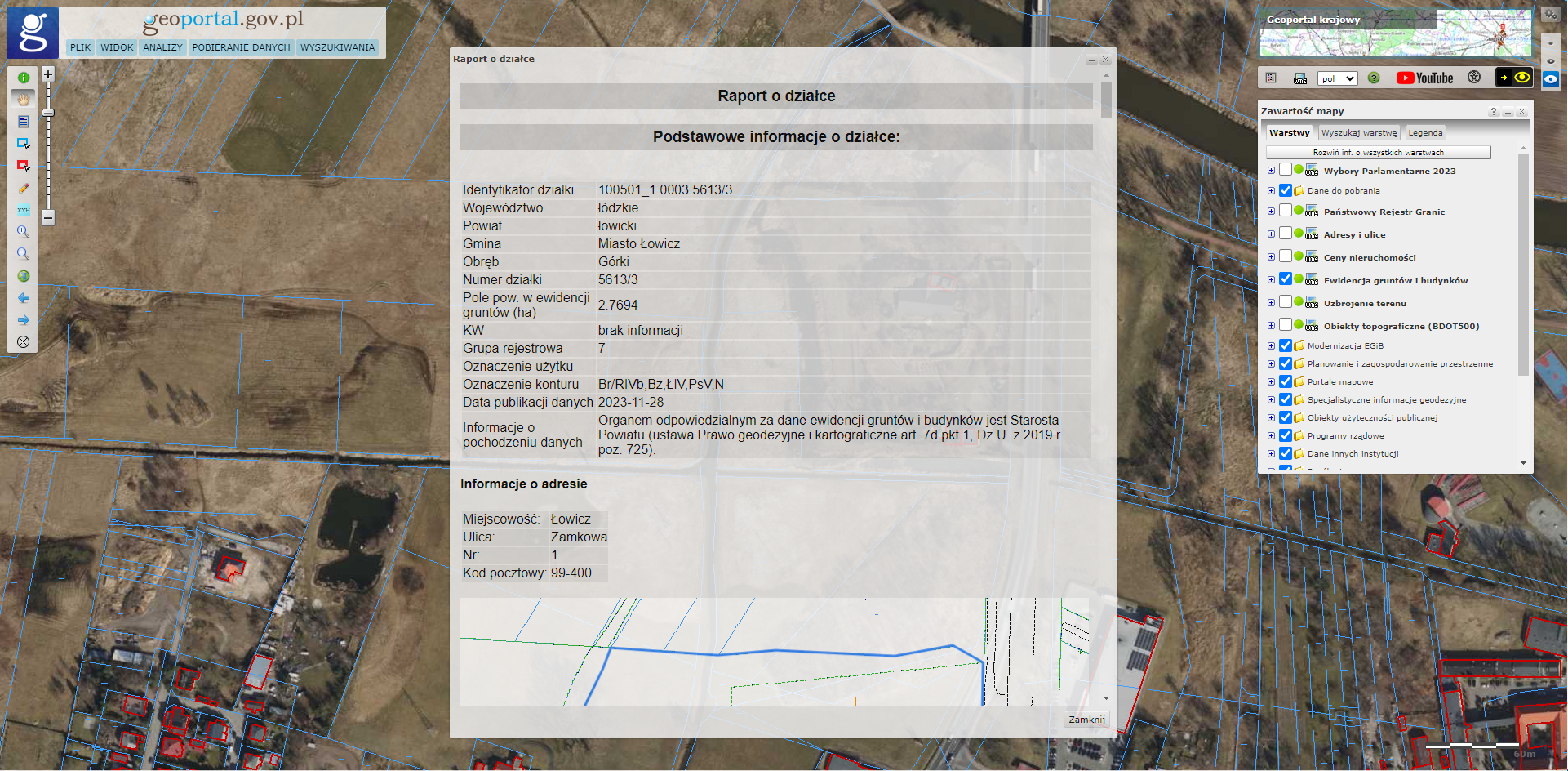 widok okna narzędzia Raport o działce na tle geoportalu krajowego