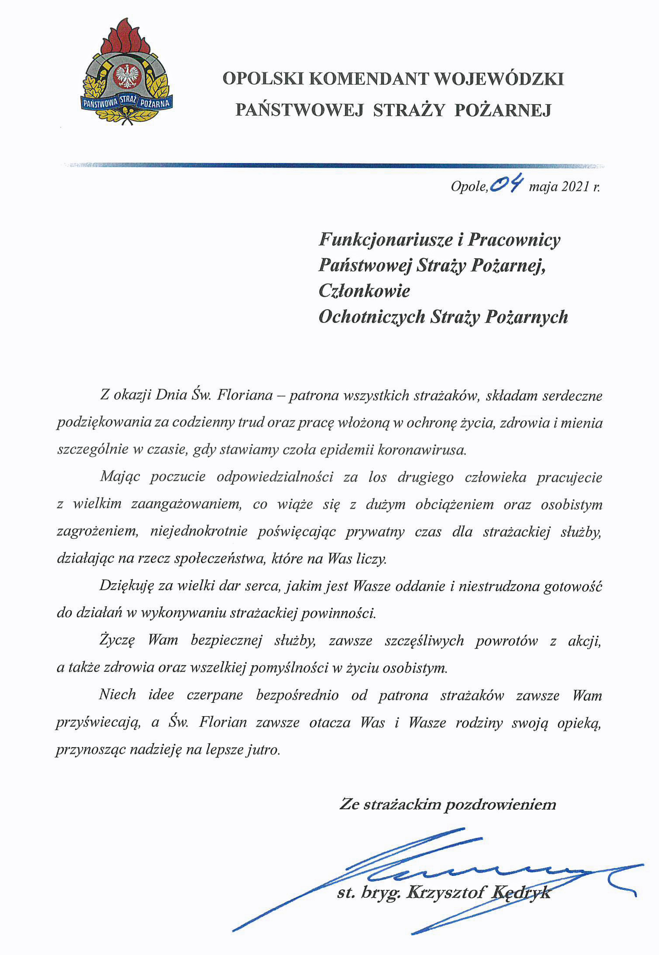 Życzenia Opolskiego Komendanta Wojewódzkiego PSP w Opolu z okazji Dnia Strażaka