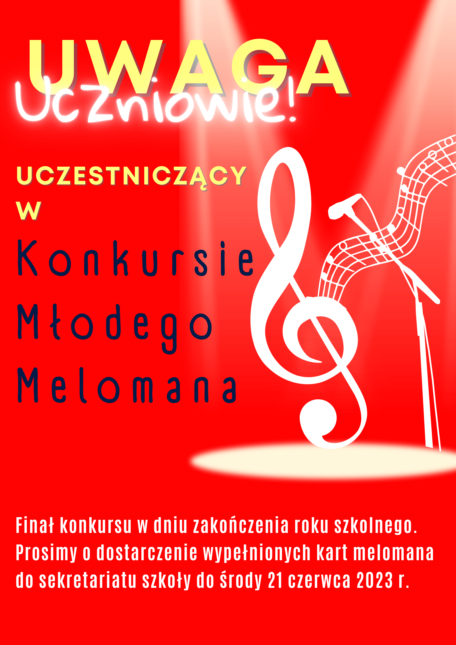 Plakat na czerwonym tle z grafiką klucza wiolinowego po prawej stronie oraz szczegółową informacją tekstową dot. konkursu Młodego Melomana