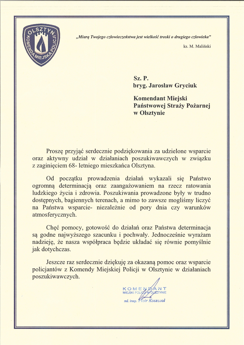 Podziękowania Komendy Miejskiej Policji w Olsztynie za udział w poszukiwaniach