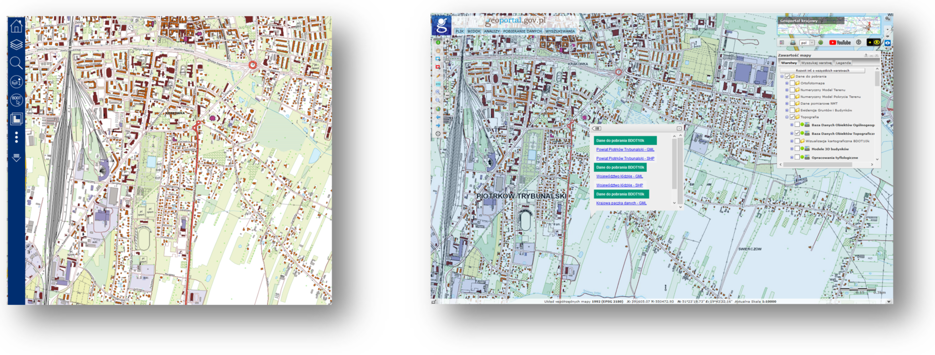 Ilustracja przedstawia zaktualizowany zbiór danych BDOT10k dla fragmentu powiatu m. Piotrków Trybunalski w Portalu BDOT10k oraz w usłudze Baza Danych Obiektów Topograficznych.