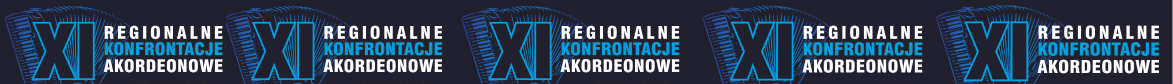Na ciemnym tle z grafiką akordeonu napisy w kolorach niebiesko-białych-XI Regionalne Konfrontacje Akordeonowe.