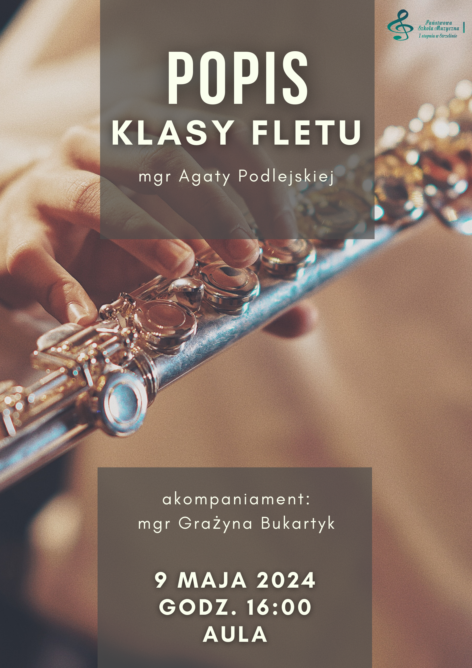 Na tle będącym rozmytym zdjęciem kobiety grającej na flecie umieszczone zostały informacje dotyczące wydarzenia.