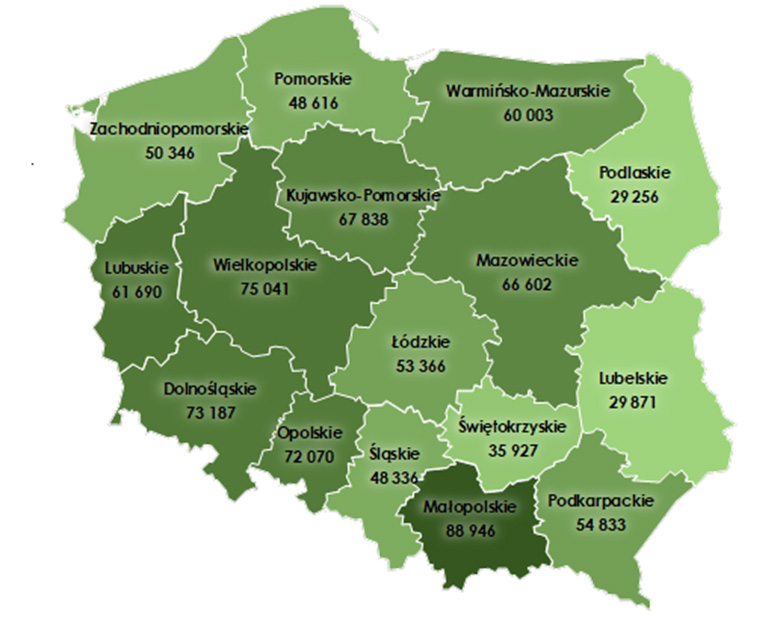 Rys. 4. Średnie ceny sprzedaży gruntów rolnych z Zasobu WRSP w I półroczu 2025 r. wg województw (w zł/ha) – średnia ogólnopolska – 61 165 zł/ha