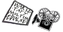 Grafika - z lewej strony szary kontur czworokąta z napisem warsztaty multimedialne z prawej czarno biały szkic kamery