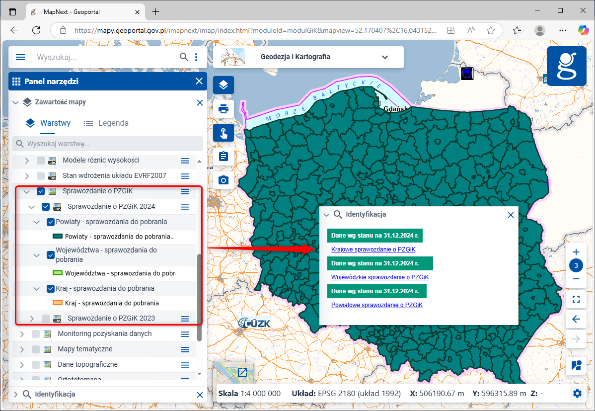 Zrzut ekranu ze strony www.geoportal.gov.pl prezentujący ścieżkę dostępu do sprawozdań GUGiK.