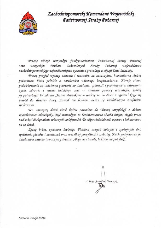 Życzenia Zachodniopomorskiego Komendanta Wojewódzkiego PSP st. bryg. Jarosława Tomczyka z okazji Dnia Strażaka. W lewej górnej części listu logo PSP