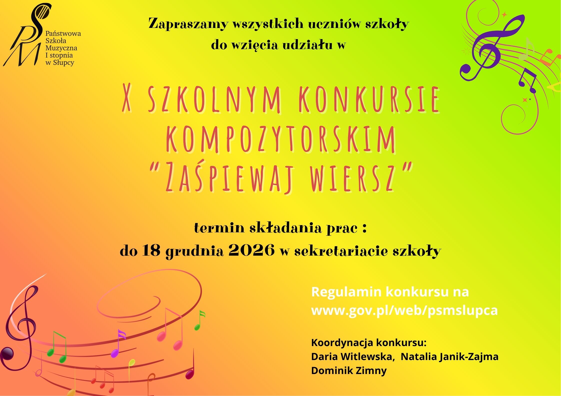 Plakat z informacją o szkolnym konkursie kompozytorskim, w rogach grafika pięciolinii z nutami, całość na żółtym tle