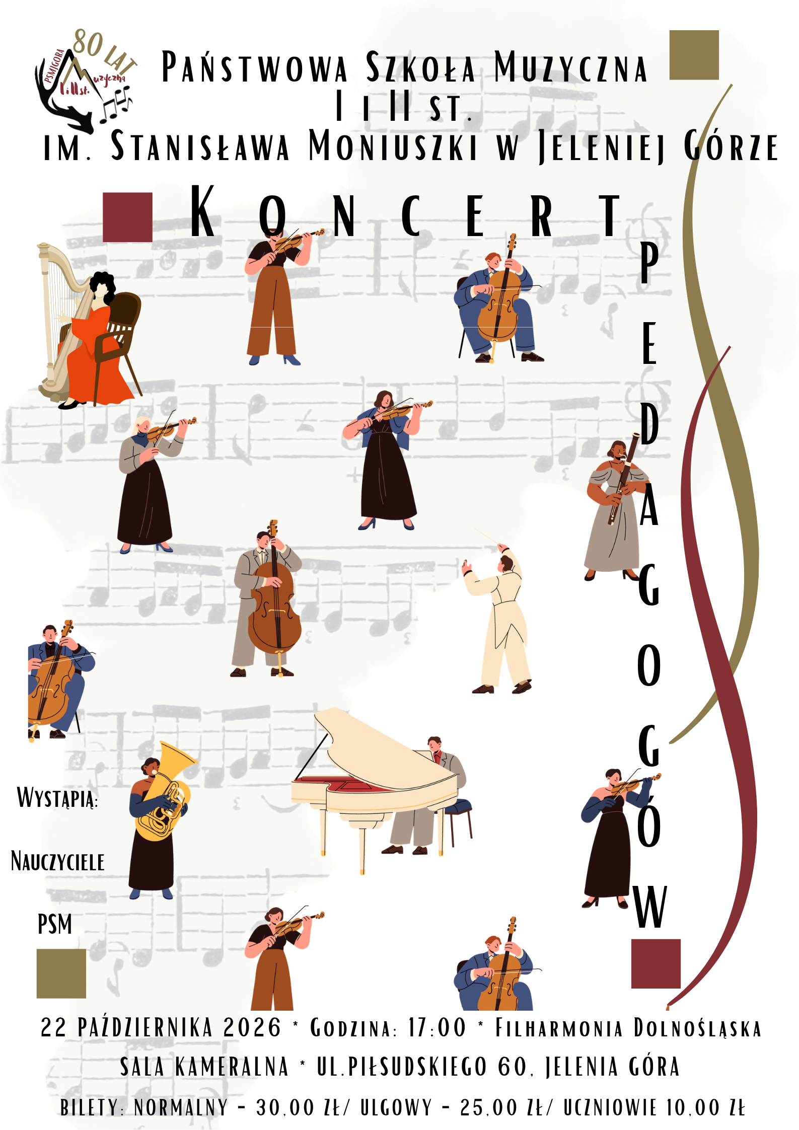 Pionowy plakat promujący "Koncert Pedagogów" Państwowej Szkoły Muzycznej I i II stopnia im. Stanisława Moniuszki w Jeleniej Górze. Tło jest jasne i ozdobione bladymi liniami pięciolinii i nut. W górnej części, na lewo od centrum, znajduje się małe, wielokolorowe logo szkoły, obok którego czarnym tekstem napisana jest pełna nazwa placówki w czterech wierszach: "PAŃSTWOWA SZKOŁA MUZYCZNA I I II ST.", a w czwartym wierszu: "IM. STANISŁAWA MONIUSZKI W JELENIEJ GÓRZE". Centralnie umieszczony jest duży, czarny tytuł wydarzenia "KONCERT PEDAGOGÓW", gdzie słowo "KONCERT" jest poziome, a litery słowa "PEDAGOGÓW" ułożone są pionowo w dół. Całą kompozycję graficzną plakatu uzupełniają płynne, wygięte linie w kolorach bordowym i beżowym, które przypominają kształty instrumentów smyczkowych. Wokół centralnego układu tekstu znajduje się 13 płaskich ilustracji przedstawiających nauczycieli muzyki grających na różnych instrumentach. Są to: harfa (góra lewo), skrzypce (góra i środek), wiolonczela (góra prawo, środek dół, dół prawo), klarnet (środek prawo), dyrygent (środek), fortepian (dół środek), tuba (dół lewo), skrzypce (dół środek, dół prawo). Po lewej stronie, na wysokości fortepianu, znajduje się mniejszy czarny napis: "WYSTĄPIĄ:", a pod nim kolejne trzy wiersze: "NAUCZYCIELE", "PSM". W dolnej części plakat zawiera szczegółowe informacje o wydarzeniu: "22 PAŹDZIERNIKA 2026 • GODZINA: 17:00 • FILHARMONIA DOLNOŚLĄSKA", a pod tym wiersz: "SALA KAMERALNA • UL. PIŁSUDSKIEGO 60, JELENIA GÓRA". Ostatni, najniższy wiersz podaje ceny biletów: "BILETY: NORMALNY - 30.00 ZŁ / ULGOWY - 25.00 ZŁ / UCZNIOWIE 10.00 ZŁ". 