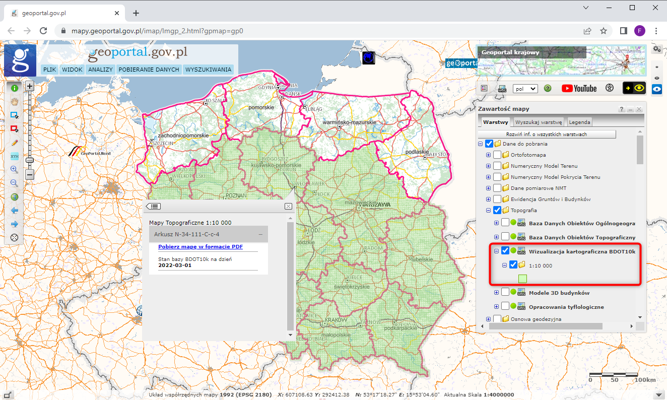 Ilustracja przedstawia zrzut ekranu z serwisu www.geoportal.gov.pl pokazujący w jaki sposób pobrać wizualizacje kartograficzne BDOT10k.