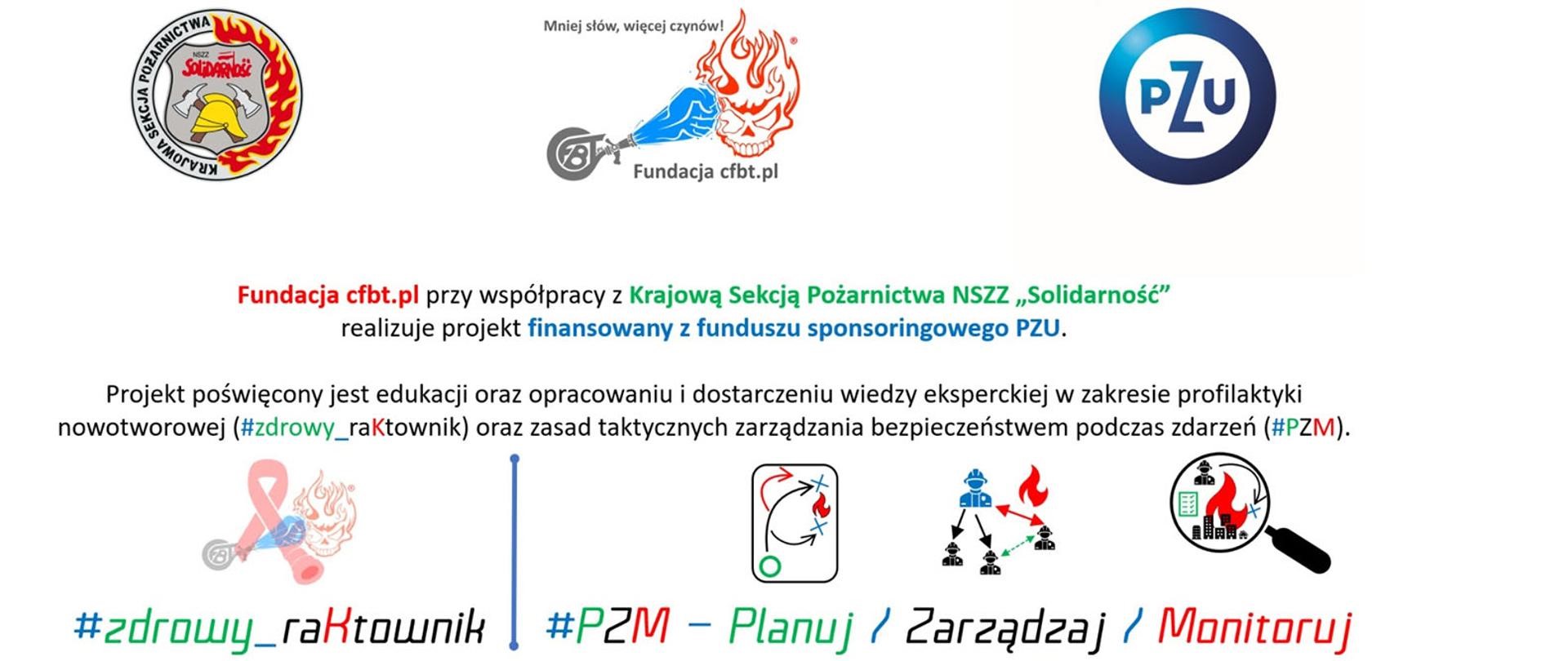 Baner informacyjny szkolenia "Planuj/Zarządzaj/Monitoruj (#PZM)". U góry po lewej logo Krajowej Sekcji Pożarnictwa "Solidarność", na środku logo Fundacji cfbt.pl, po prawej logo PZU. Poniżej treśc informacyjna