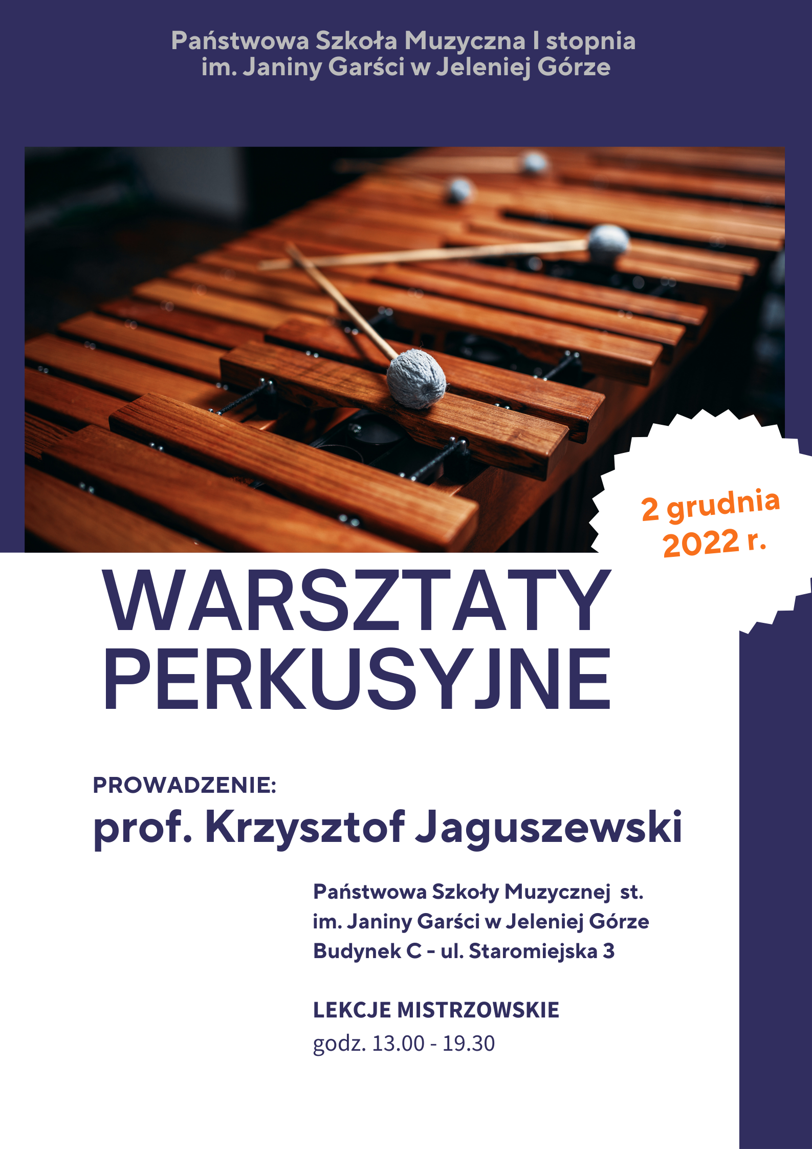  Plakat reklamujący warsztaty perkusyjne odbywające się w PSM I st. im. J. Garści w dniu 2 grudnia 2022 r.