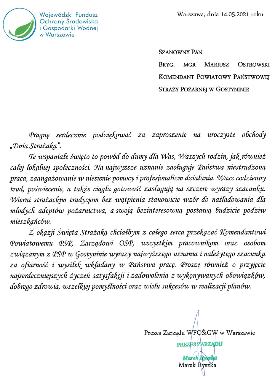 List Prezesa Zarządu WFOŚiGW w Warszawie