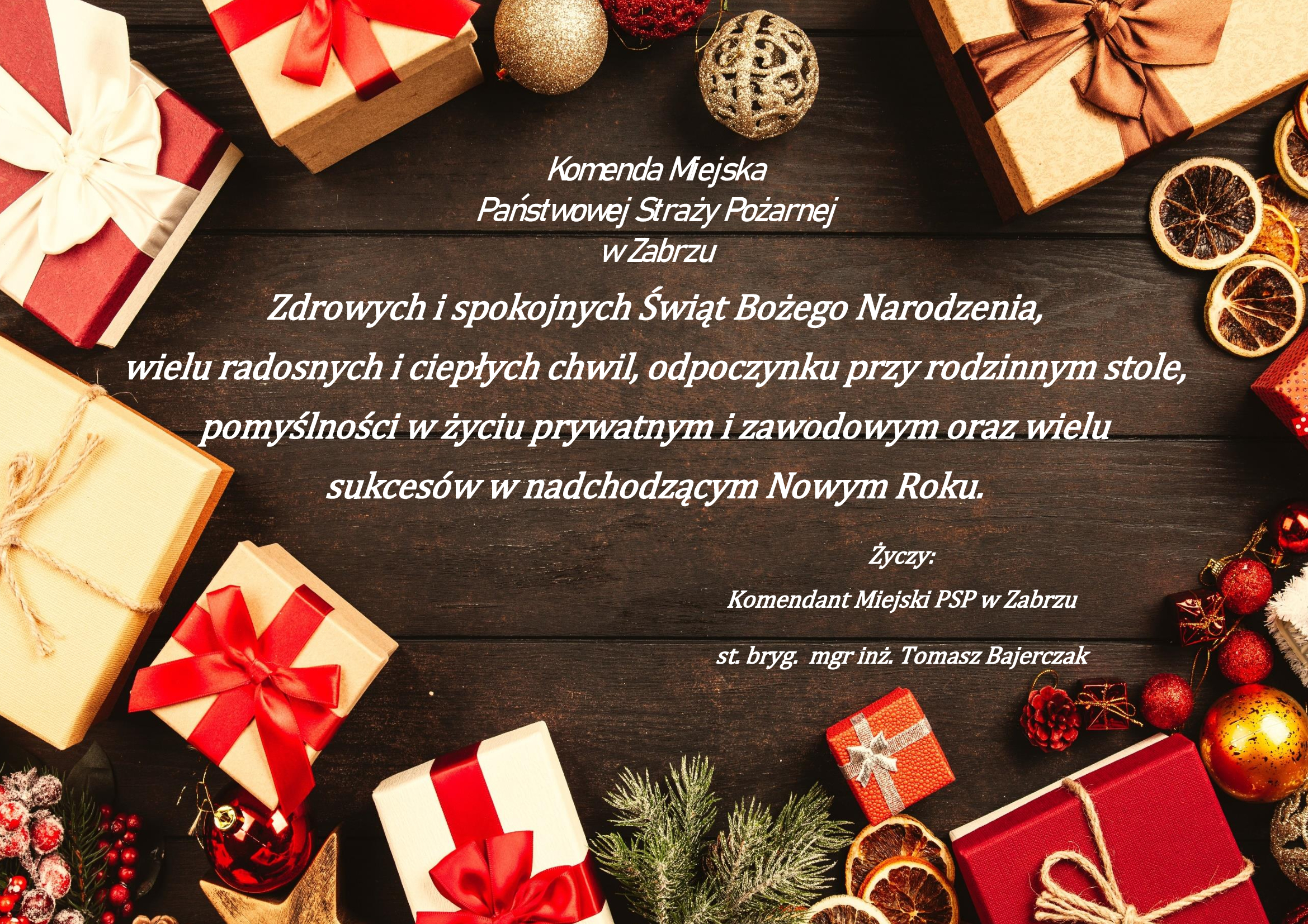 Zdrowych i spokojnych Świąt Bożego Narodzenia, wielu radosnych i ciepłych chwil, odpoczynku przy rodzinnym stole, pomyślności w życiu prywatnym i zawodowym oraz wielu sukcesów w nadchodzącym Nowym Roku.