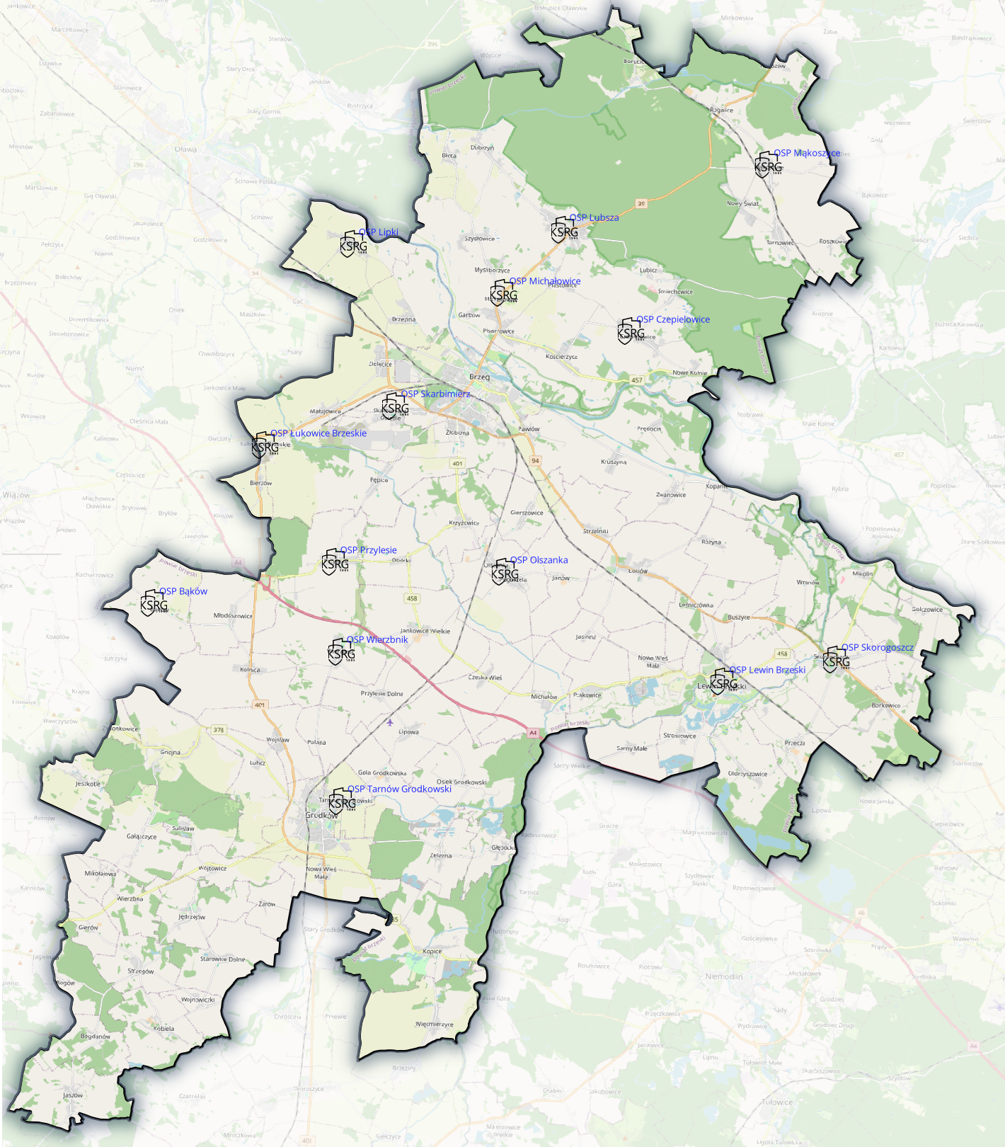 Zdjęcie przedstawia mapę jednostek Ochotniczych Straży Pożarnych włączonych do Krajowego Systemu Ratowniczo-Gaśniczego na terenie powiatu brzeskiego (woj. opolskie).